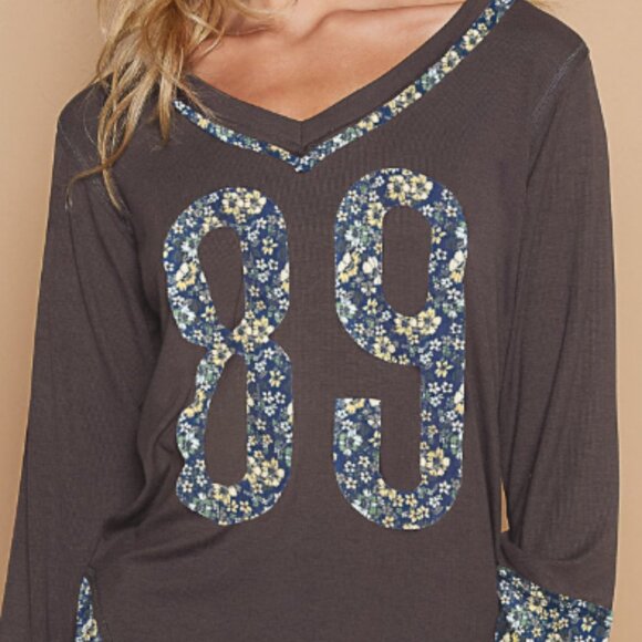 POL L/S TEE V-NECK FLORAL NUMBER PATCHWORK GRAY NIP Restocked - Picture 5 of 6